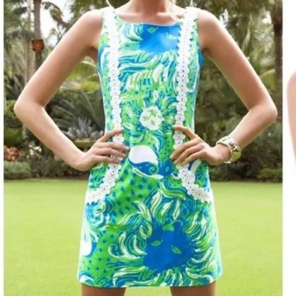 LILLY PULITZER LION ROAR OF THE JUNGLE SHIFT DRESS BLUE GREEN WHITE SZ 2